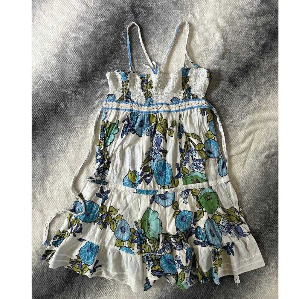 Free People Vintage Smocked Blue Floral Knee Length Dress Small Medium Cottage